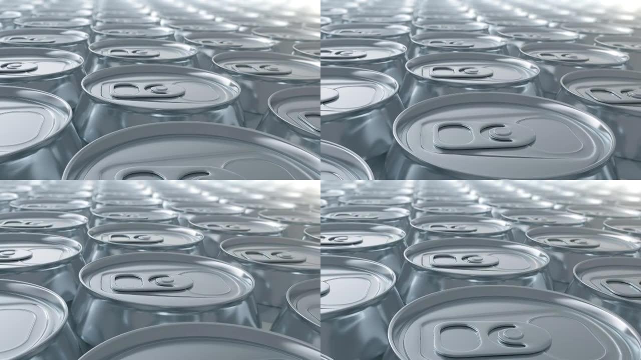 生产线上的工厂里有很多银色铝罐。
