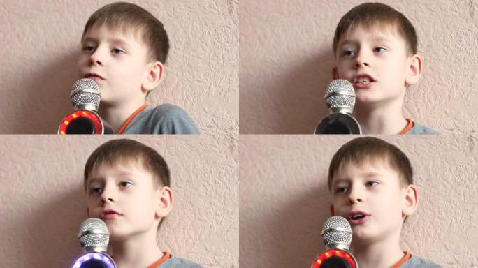 儿童唱卡拉ok主题。高加索人开朗的学龄前儿童拿着麦克风，微笑着在家里唱歌。儿童录制音乐。卡拉ok在家