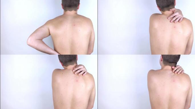 医生预约的一个背痛的人。脊柱畸形和弯腰的治疗。骨质疏松、后凸、脊柱前凸或脊柱侧凸。