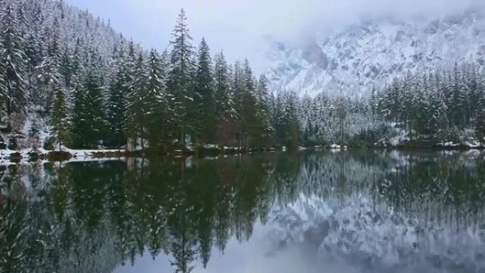 令人惊叹的冬季景观，雪山和绿湖清澈的海水 (格鲁纳湖)，奥地利施蒂里亚州著名的旅游胜地