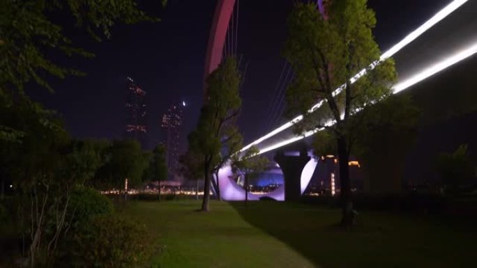 夜间照明南京市著名国际青年文化中心河滨大桥全景4k中国