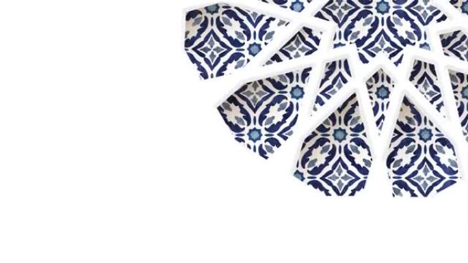 移动传统的蓝色阿拉伯图案。蔓藤花纹穿过星形装饰清真寺窗户的白色轮廓。白色背景。斋月，开斋节平面动画，