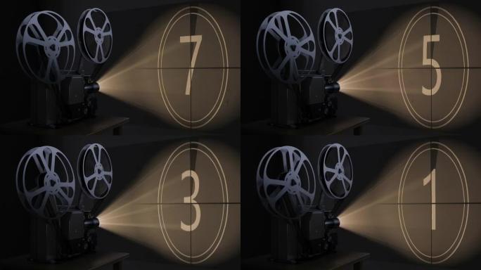 带电影卷轴的电影放映机在屏幕上播放复古倒计时视频