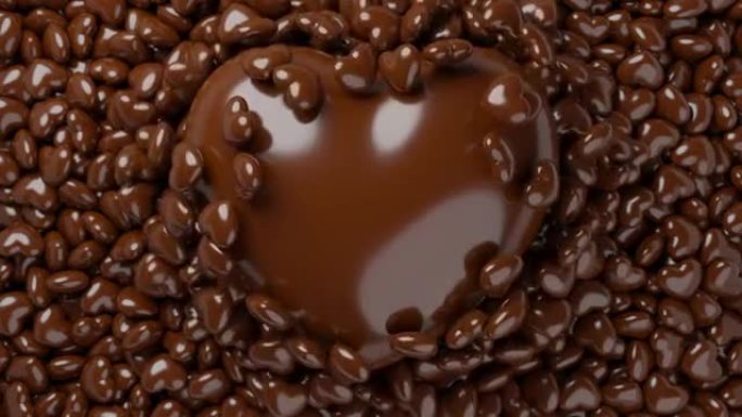 心形符号，大迷你巧克力糖果流动弹出3D渲染棕色颜色，爱情人节概念设计图案背景动画4k镜头带复制空间