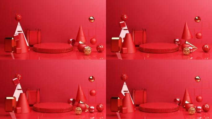 农历新年，红色抽象背景上的金色领奖台展示模型，具有几何形状和窗帘产品的最小展示，3d动画循环