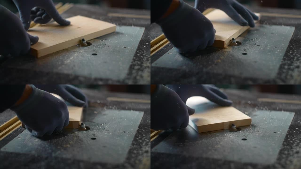 木匠在铣床上铣削木板的边缘，制造木制产品，用木材制作大师作品，4k 60p Prores 422 1