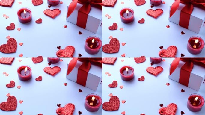 情人节作文: 红色的爱心，浪漫的礼盒，白底蜡烛。2月浪漫礼物卡。