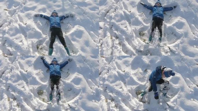 一个小男孩在新鲜的雪中向后倒下，用胳膊和腿做一个雪天使