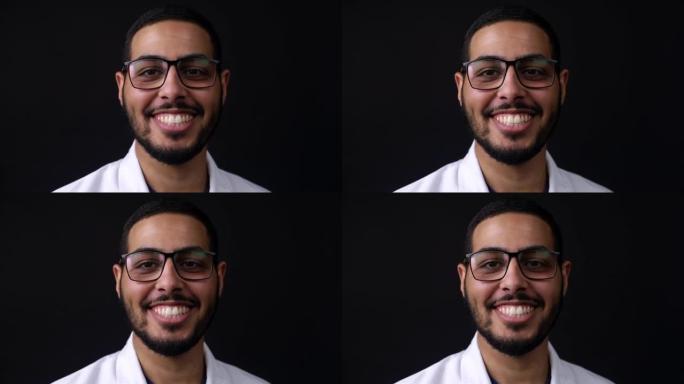 微笑的非裔美国牙医。脸部特写