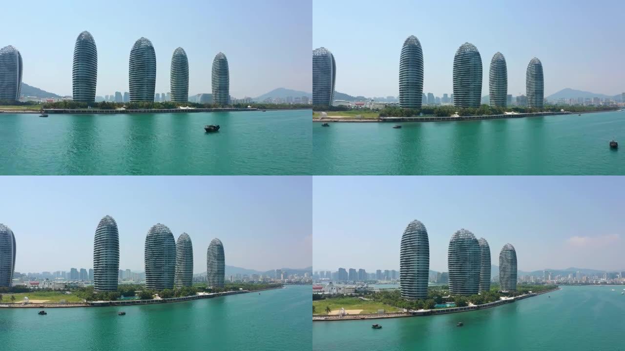 晴天海南岛三亚著名酒店综合体空中全景4k中国