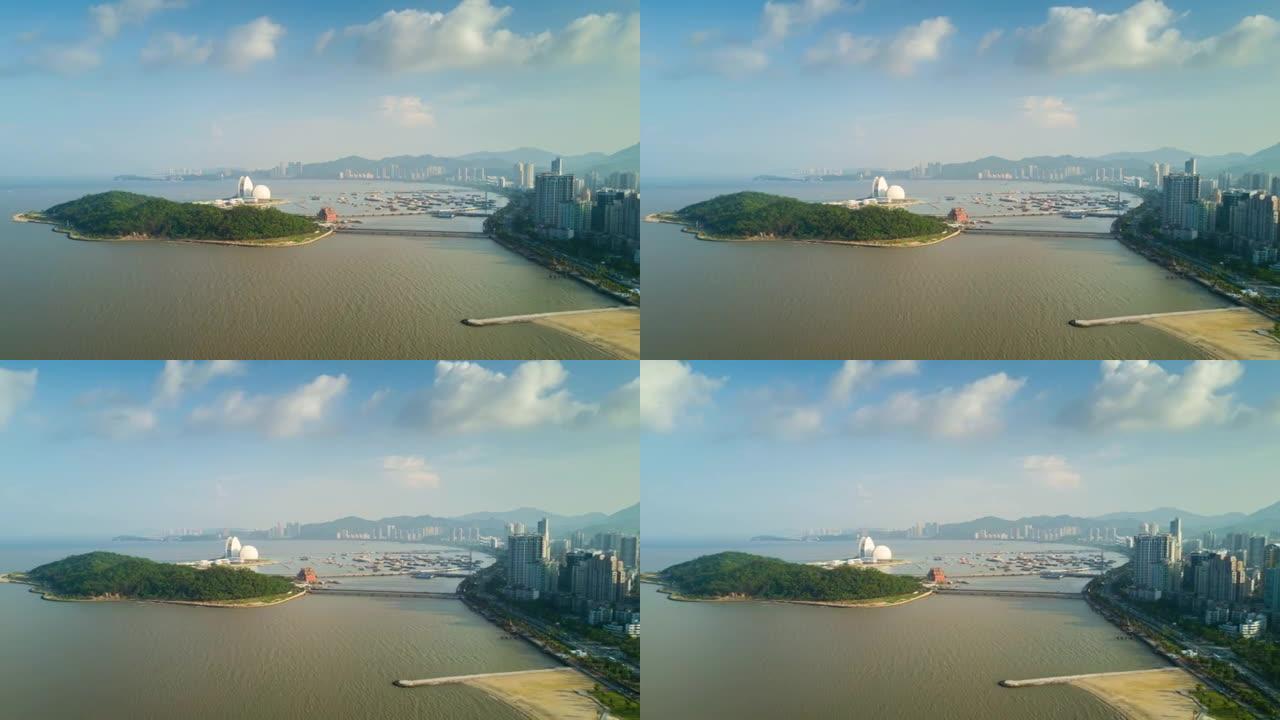 中国晴天珠海城市湾著名歌剧院岛空中全景4k延时