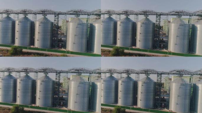 谷物升降机鸟瞰图，钢制谷物升降机。工业谷物储存