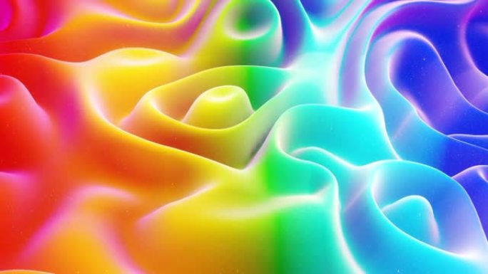 美丽的抽象3D表面与挤压或位移波在循环中变换。彩虹渐变。柔软的哑光材料，如甜味或果酱，内部发光，在变