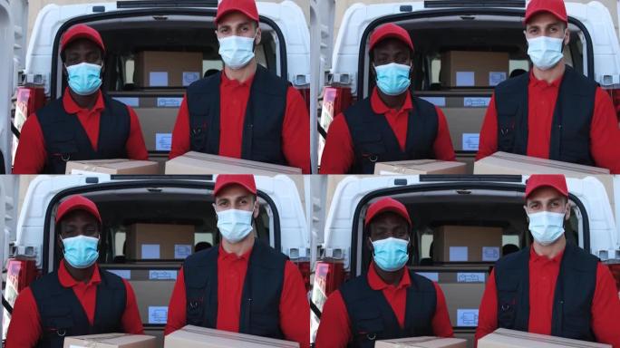 多种族送货员手持包裹，戴着安全口罩应对冠状病毒爆发