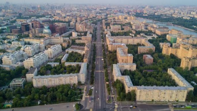 日落之夜莫斯科城市景观交通街环线空中全景4k延时俄罗斯