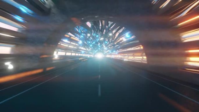 在一条有道路的未来派光纤隧道中飞行。未来技术概念。商业背景。宜人的自然采光。无缝循环3d渲染