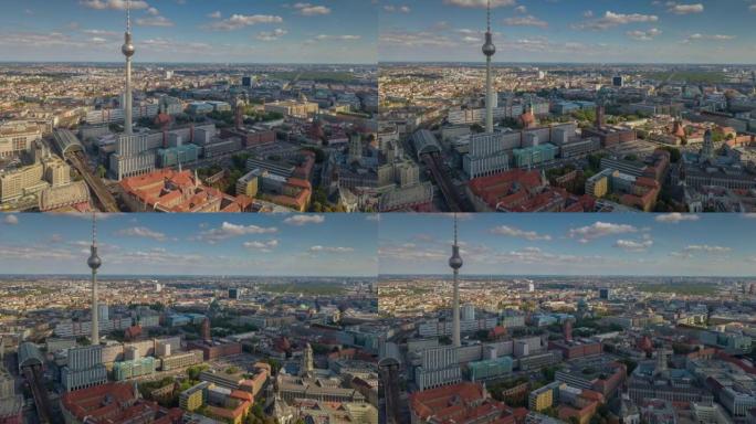 柏林城市景观上的日落之光晚间飞行著名电视塔空中全景4k延时德国