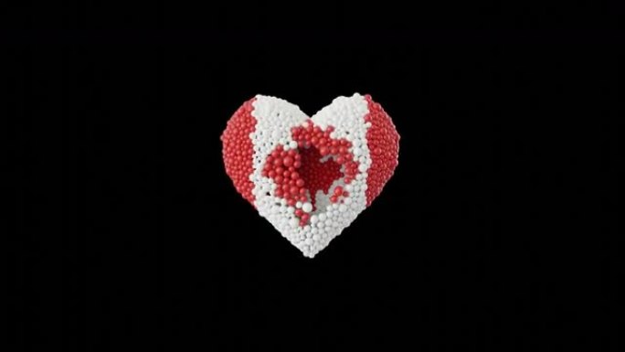 加拿大的国庆节。加拿大的一天。7月1日。心动画与阿尔法磨砂。用闪亮的心形球体做成的动画。