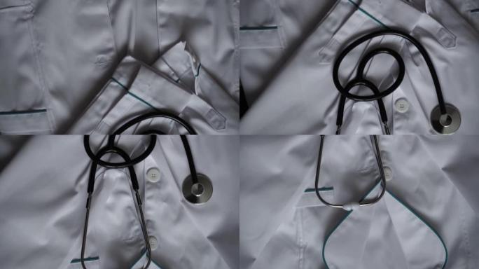医学与健康，儿科，新型冠状病毒肺炎概念-特写白色医用礼服和听诊器。护士或医生西装的东西。为手术做准备