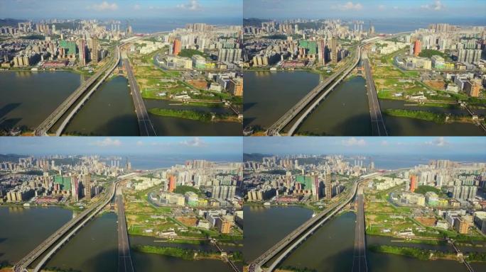 晴天珠海市景河湾大桥交通空中全景4k中国
