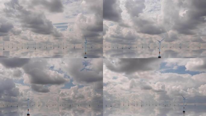风力涡轮机的海洋3D动画，云延时，抽象景观