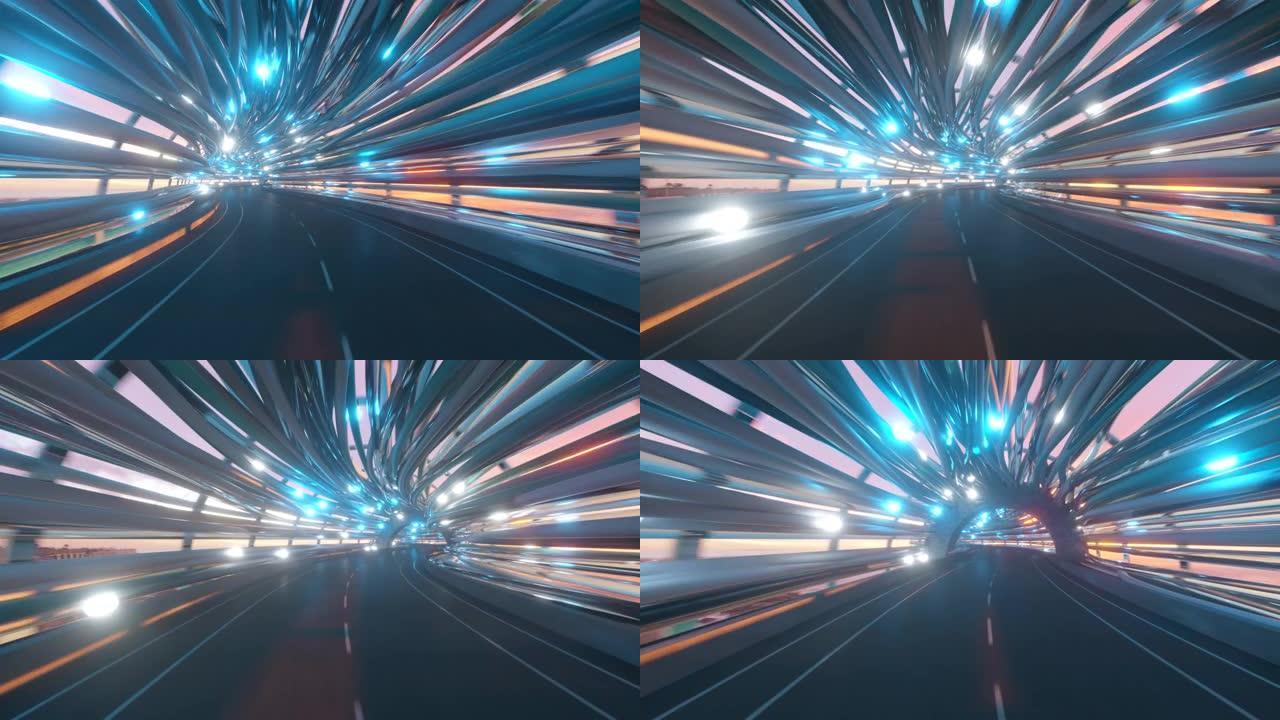 在一条有道路的未来派光纤隧道中飞行。未来技术概念。商业背景。宜人的自然采光。无缝循环3d渲染