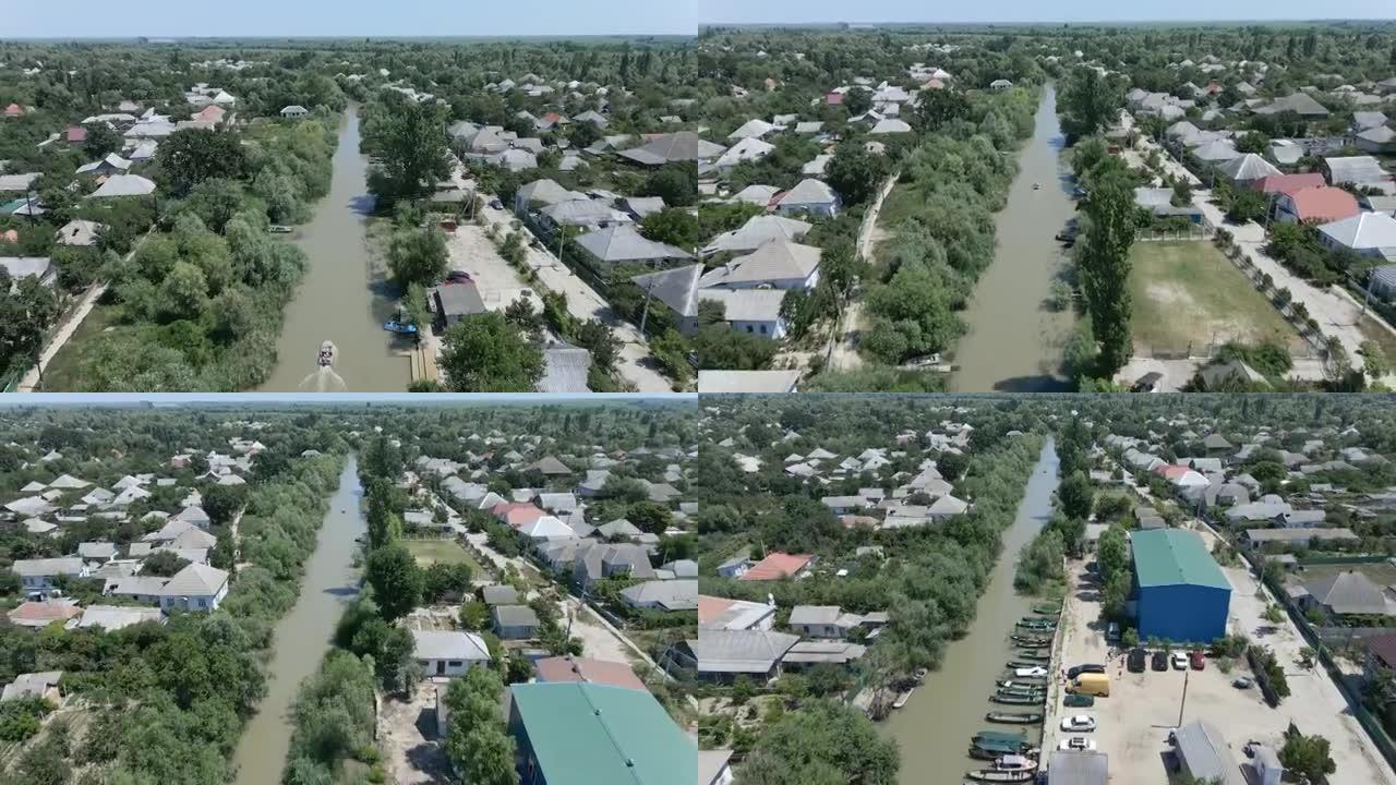维尔科沃市 (乌克兰威尼斯，建在水上的城市) 的鸟瞰图。(4K-60fps) Vylkove，多瑙河