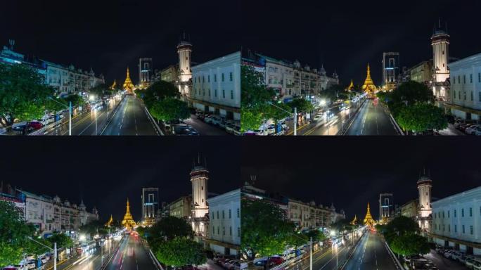 交通时间流逝视频古金塔仰光市，大金塔，缅甸