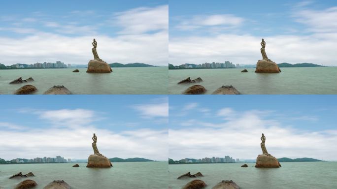 【4K超清】珠海渔女雕像蓝天白云延时