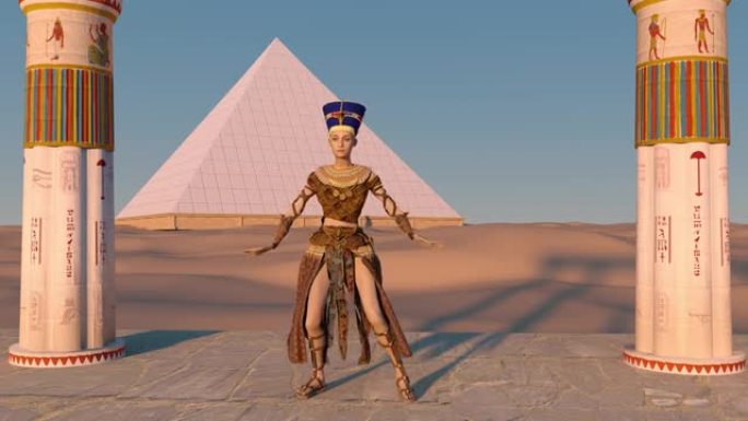 娜芙蒂蒂女王在吉萨大金字塔前跳舞，并在古庙中欣赏沙漠景色。历史动画。埃及开罗吉萨谷的大金字塔