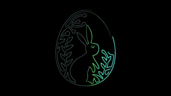 复活节快乐兔子在一个鸡蛋与霓虹灯线无缝动画。黑色背景上发光霓虹灯抽象复活节假期的视频4k动画。