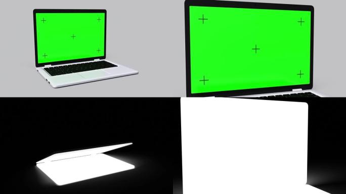 灰色背景上的绿色屏幕的现代笔记本电脑。带阿尔法通道的4k动画。能够更改笔记本电脑屏幕上的背景和图像。