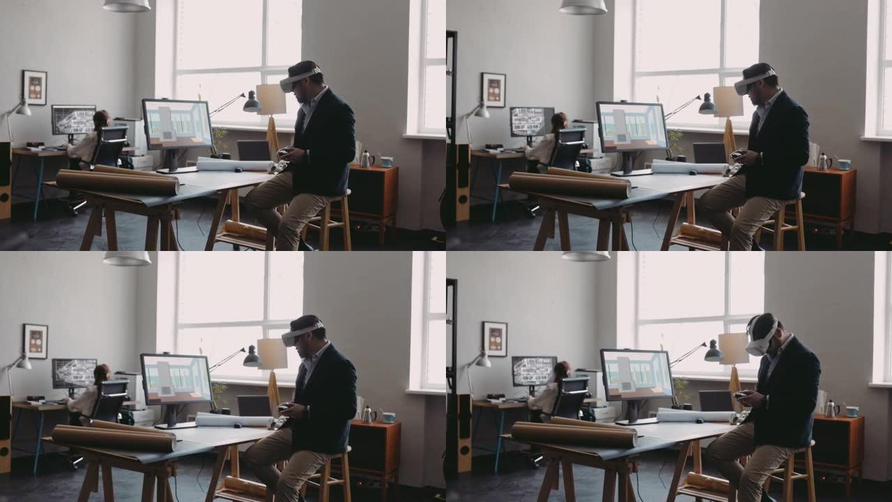 男性建筑师使用VR耳机的广角拍摄，以更好地了解设计空间