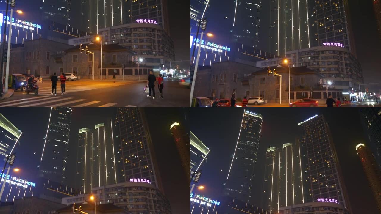 夜间照明长沙市交通街道十字路口全景4k中国