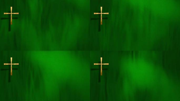 绿色天鹅绒背景上的拜占庭基督教十字架的环形全框架挥舞旗帜