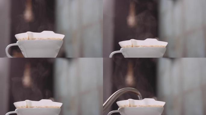 水倒入咖啡滤纸