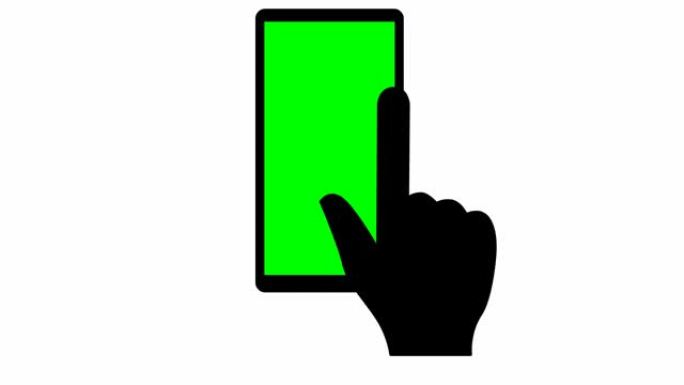 动画手在绿屏的手机上翻转图像。矢量插图孤立在白色背景上。