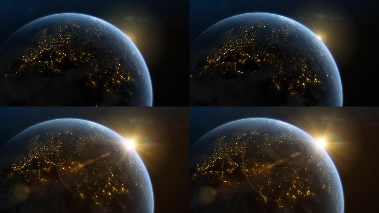 来自太空的地球-缓慢的戏剧性日出-3D动画