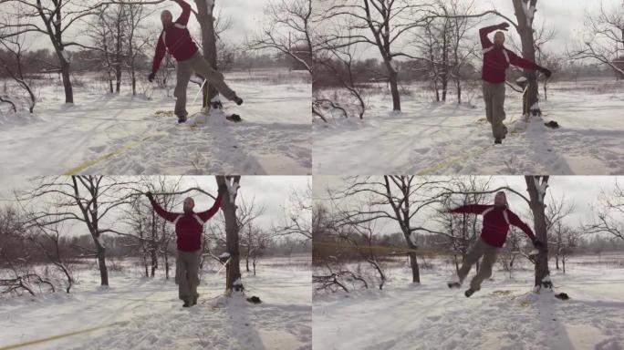 高加索人在冬季森林里练习松懈线。黎明时，一个人在冬天的森林里练习高脚林。