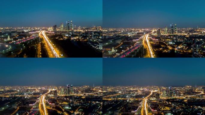 莫斯科市夜间照明交通库图佐夫斯基展望公园空中全景4k延时俄罗斯