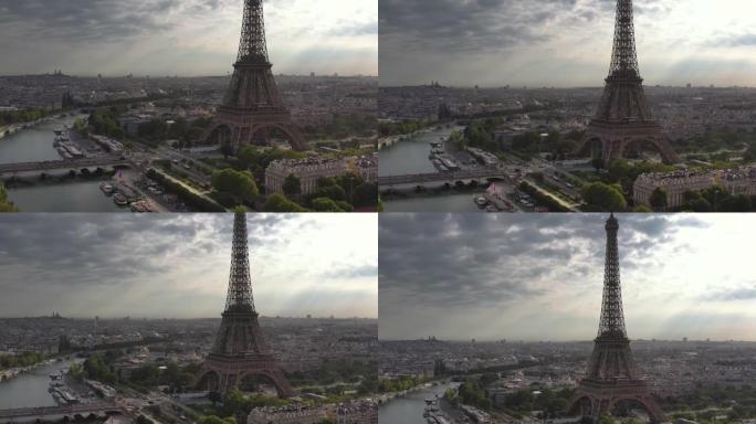 阴天巴黎市中心著名塔广场河畔湾空中全景4k法国