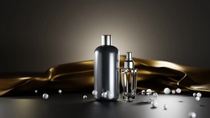 用珍珠制成的金色布上的男士豪华化妆品，用黑瓶和玻璃香水制成的概念。洗发水，罐子里的乳液，深色背景上的