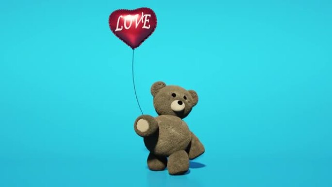 带有红色心形气球的泰迪熊。在蓝色屏幕上。玩具熊行走无缝循环。情人节动画。阿尔法通道。