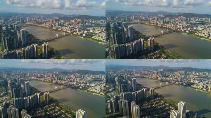 中国晴天珠海市著名生活街区河畔航空全景4k延时