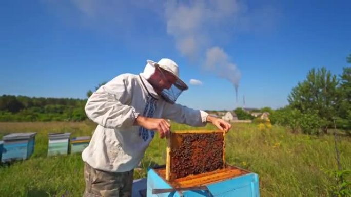 大自然蜂巢附近的养蜂人。在农村养蜂场上戴着防护帽的养蜂员。工业烟斗背景下的养鱼场。