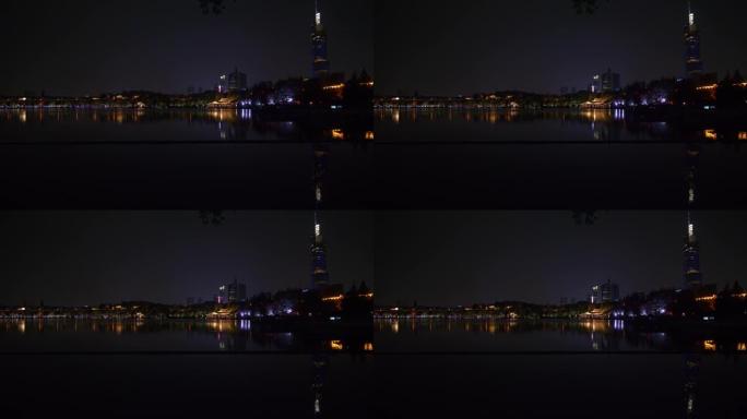 夜间照明南京市中央公园湖滨湾著名摩天大楼全景4k中国