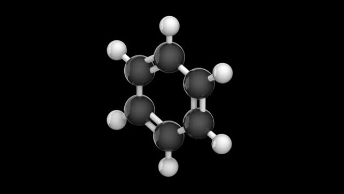 C6H6，苯 (苯) 分子。黑色背景透明通道 (alpha通道)。