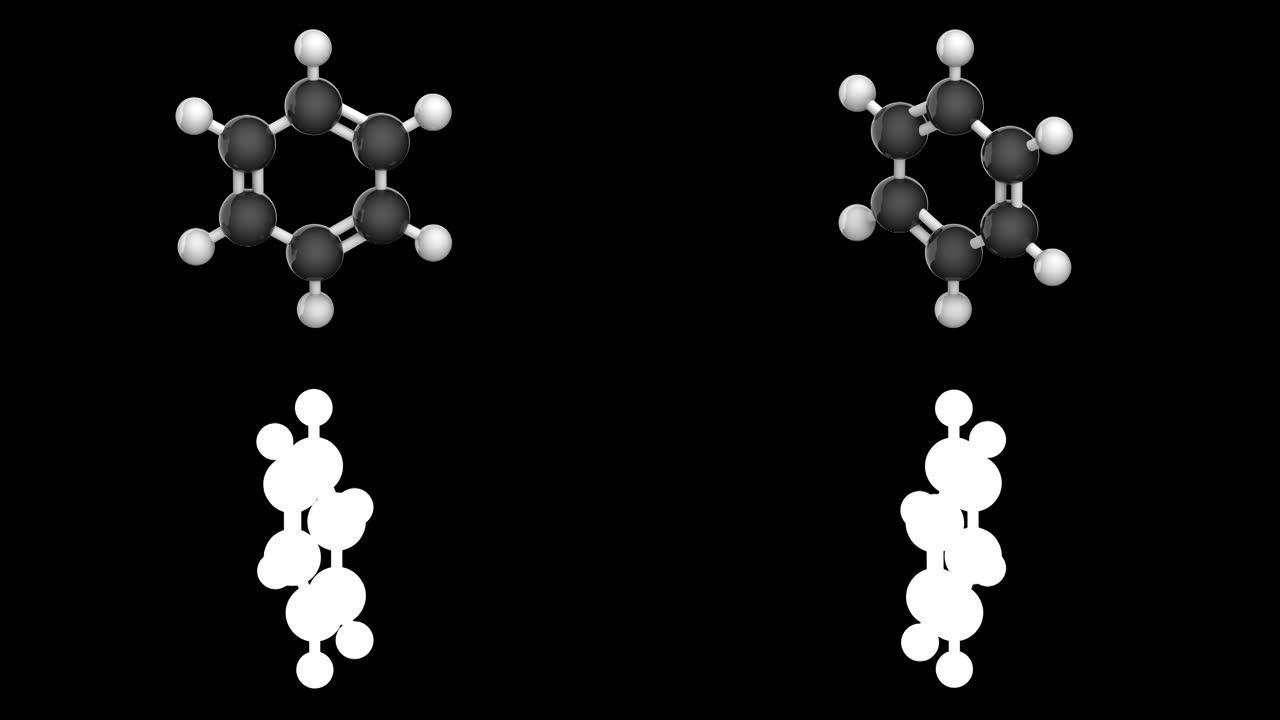 C6H6，苯 (苯) 分子。黑色背景透明通道 (alpha通道)。