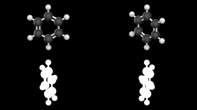 C6H6，苯 (苯) 分子。黑色背景透明通道 (alpha通道)。