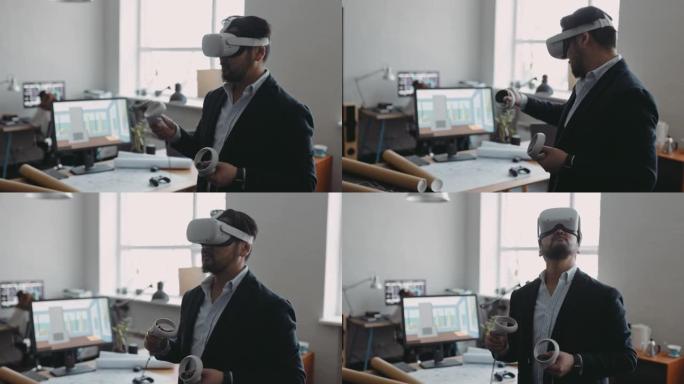 男性建筑师使用VR耳机拍摄的中景，以更好地了解设计空间